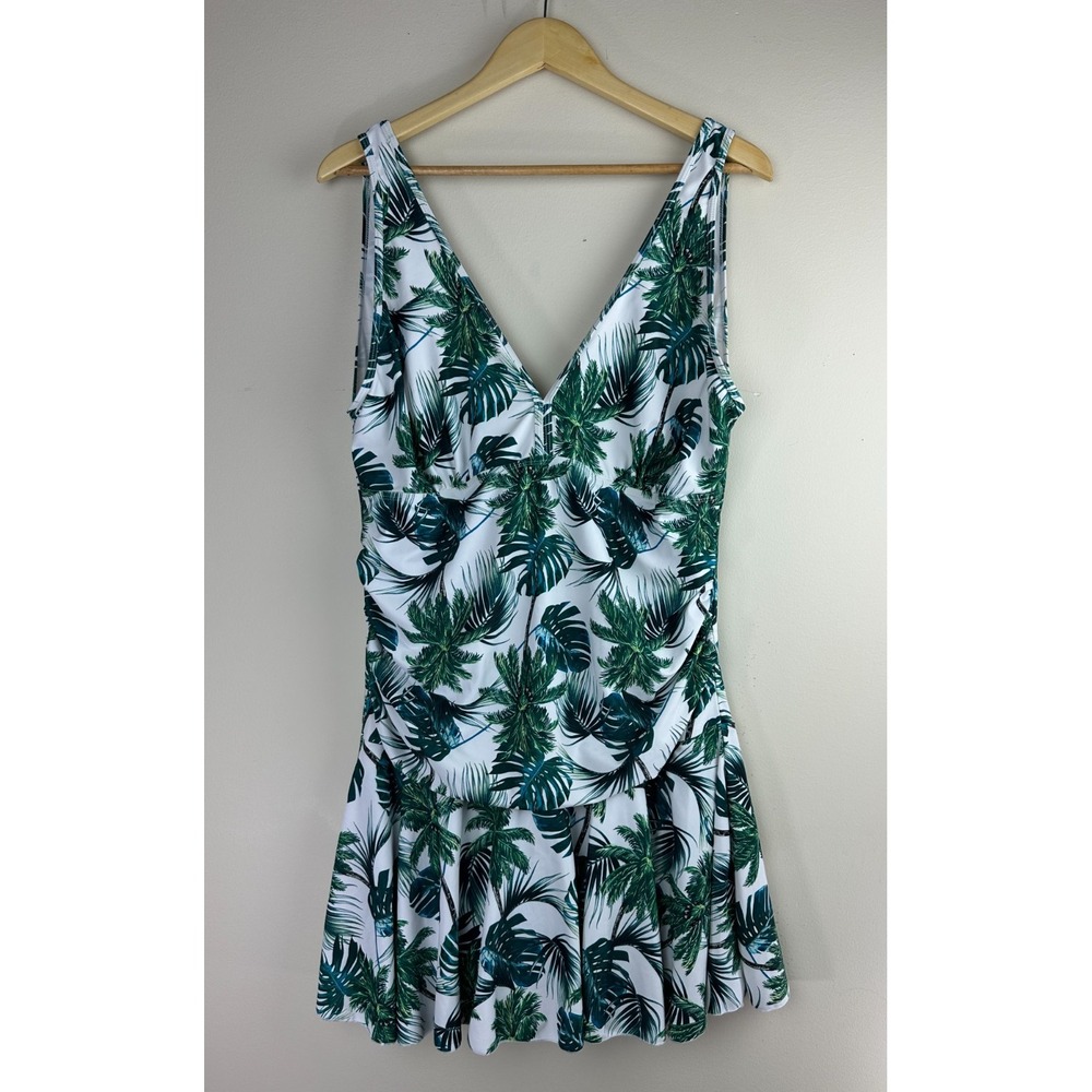 COCOPEAR Women's Tropical Palm Leaf Swim Dress Green White One Piece Size 3XL - Picture 2 of 10